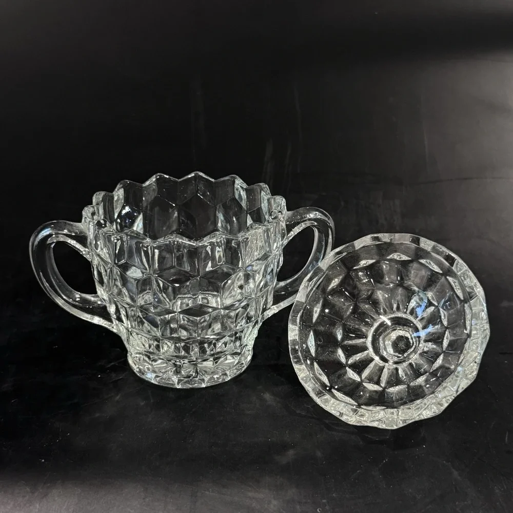 Vintage Fenton Cubist Clear Glass Sugar Bowl W Handles‎ & Lid